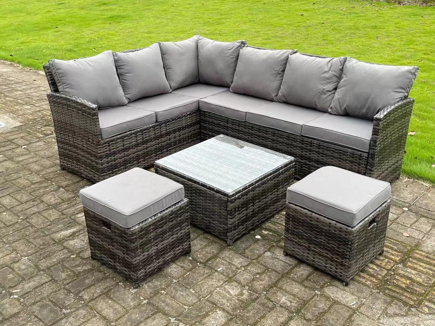 High Back Rattan Corner Sofa Set Outdoor Furniture Square Coffee Table 2 Small Footstools 8 Seater
